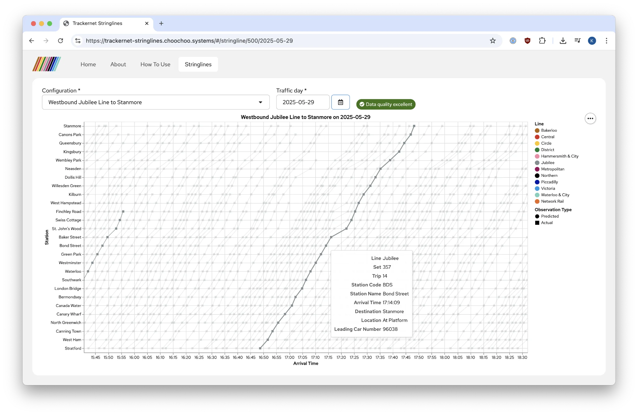 A screenshot of the Trackernet Stringlines tool showing service on the Jubilee Line on May 29, 2025
